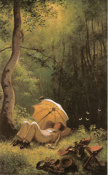 Der Maler auf einer Waldlichtung, unter einem Schirm liegend